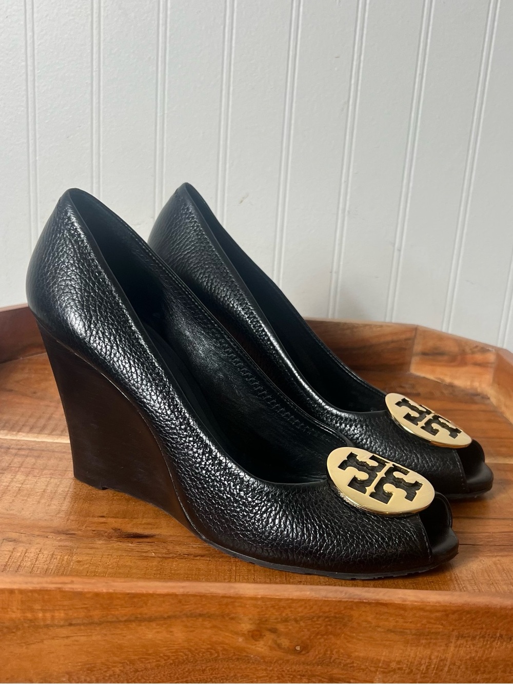 Tory Burch black pebble leather wedge shoes
